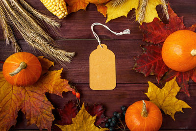 High angle view of pumpkins on table