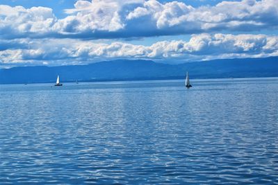 Sailboat sailing in sea against sky