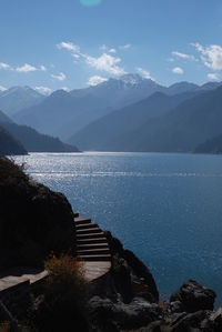 Scenic view of lake and mountains against sky