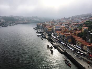 High angle view of river amidst buildings in city