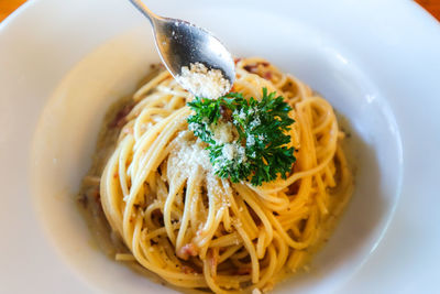 Close-up of noodles served in bowl