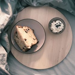 High angle view of cookies in plate on table