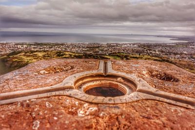 Aerial view of cityscape against cloudy sky