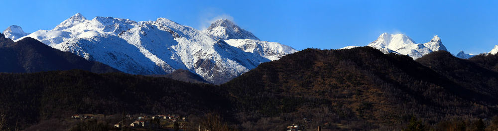 Panoramic view of snowcapped mountains against sky