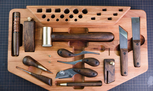 High angle view of work tools on table