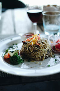 Close-up of food served on table