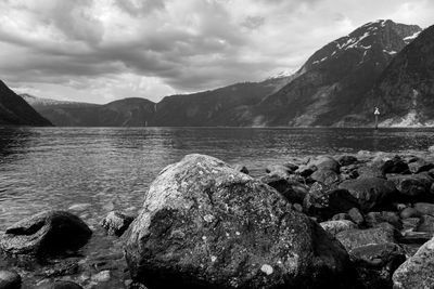 Scenic view of lake and mountains against sky