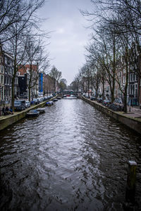 Canal amidst bare trees and buildings against sky