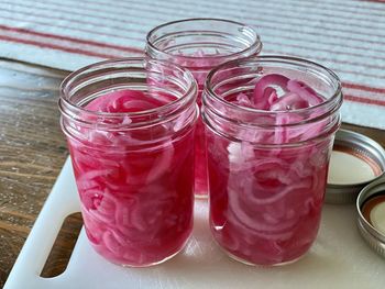 High angle view of drink in glass on table