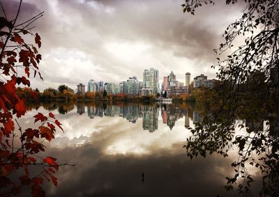 Reflection of trees in lake against sky