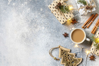 High angle view of christmas decorations on table