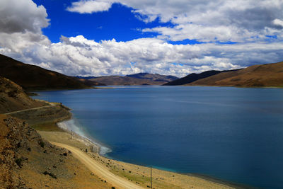 Scenic view of lake against cloudy sky