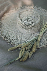 High angle view of hat on table