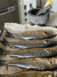 Close-up of fish on table