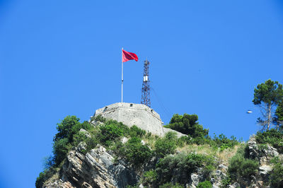 Low angle view of flag by building against clear blue sky