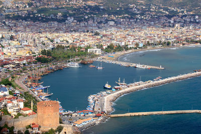 High angle shot of townscape with sea in foreground