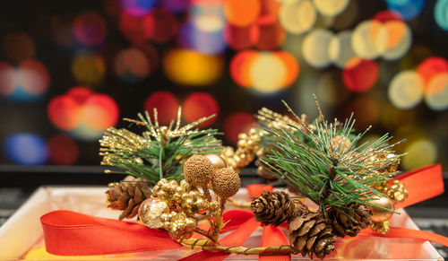 Close-up of christmas tree on table