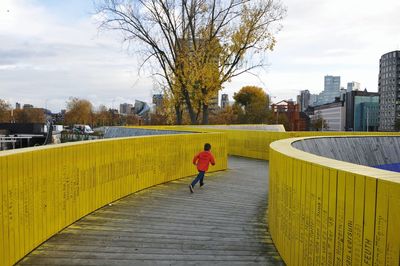 Rear view of boy running on railing against sky