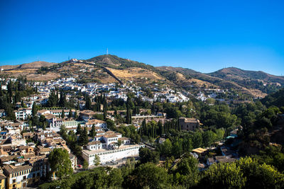 High angle view of townscape against clear blue sky