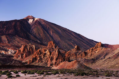 Scenic view of rocky mountains at el teide national park against clear sky