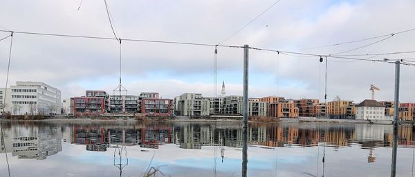 Reflection of buildings in water against sky