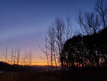 Silhouette bare trees on field against sky at sunset