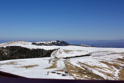 Scenic view of snowcapped mountains against clear blue sky