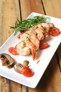 High angle view of meal served in plate on table