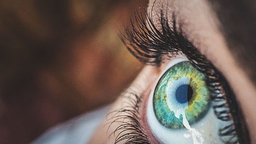 Cropped image of woman with green eyes looking up