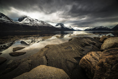 Scenic view of lake against sky during winter