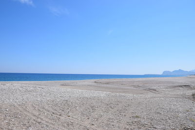 Scenic view of beach against clear blue sky