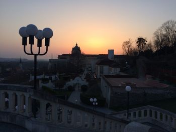 Buildings against sky at sunset