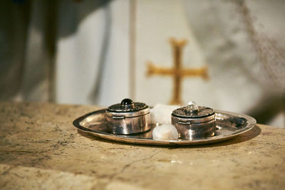 Close-up of glasses on table