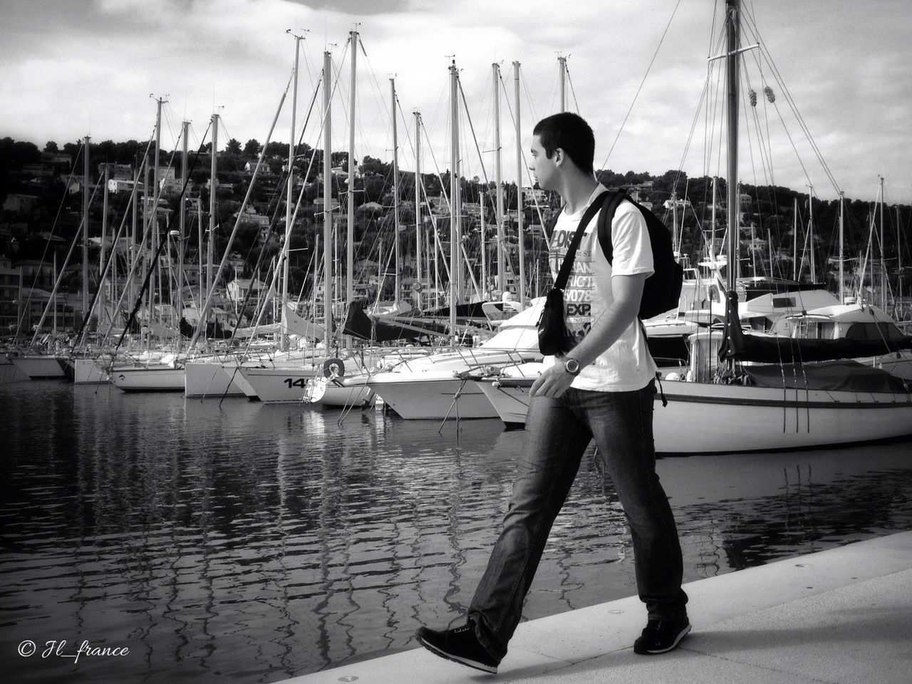 nautical vessel, water, transportation, boat, mode of transport, moored, lifestyles, sea, sky, leisure activity, mast, rear view, travel, full length, men, sailboat, lake, fishing