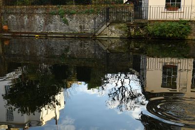 Reflection of building in puddle on lake