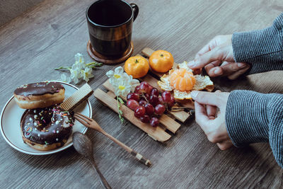 High angle view of breakfast on table