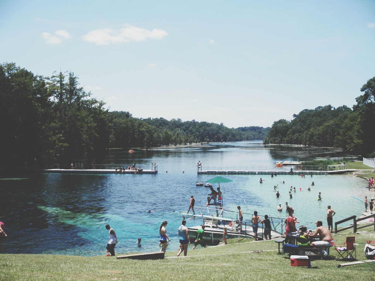 water, lifestyles, leisure activity, tree, men, lake, person, nautical vessel, large group of people, sky, sitting, transportation, vacations, togetherness, boat, nature, relaxation, river, enjoyment