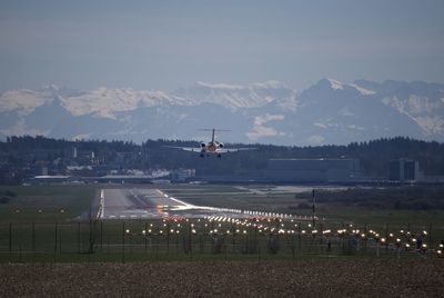 High angle view of a landing airplane