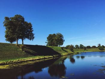 Scenic view of river against clear blue sky