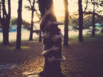 People hugging tree trunk in park