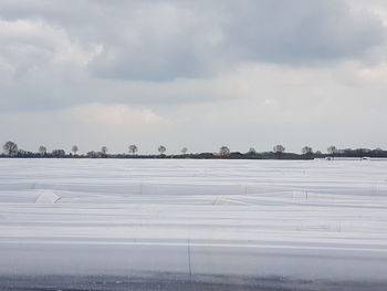 Snow covered city against sky