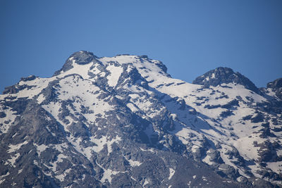 Scenic view of snowcapped mountains against clear sky