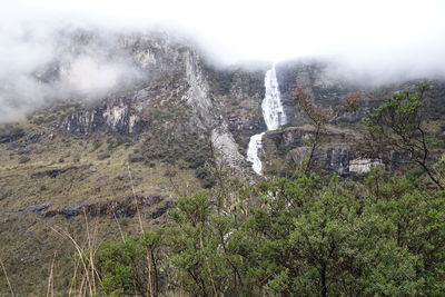 Scenic view of landscape against sky during foggy weather