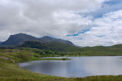 Scenic view of lake and mountains against sky