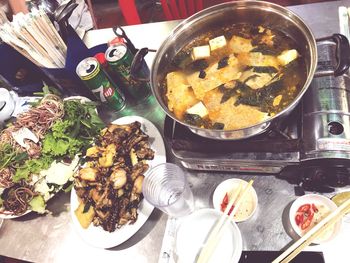 High angle view of meal served on table