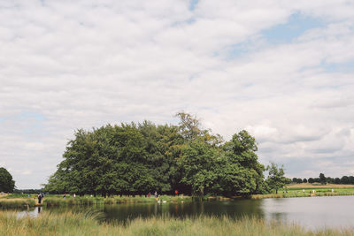 Scenic view of adams pond by trees against cloudy sky
