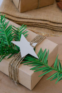 High angle view of christmas decorations on table