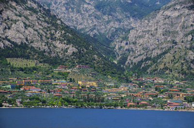 High angle view of town against mountains