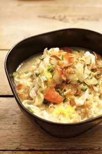 High angle view of food in bowl on table