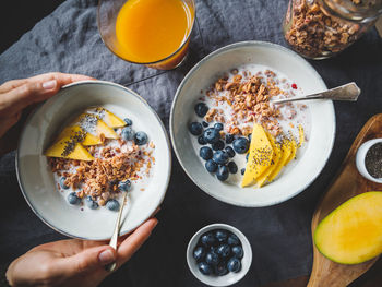 Cropped hand having breakfast at table